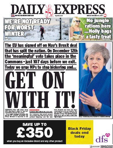 Daily Express Newspaper Front Page (UK) for 26 November 2018