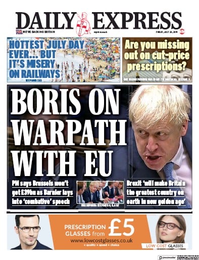 Daily Express Newspaper Front Page (UK) for 26 July 2019