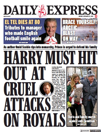 Daily Express Newspaper Front Page (UK) for 27 November 2023