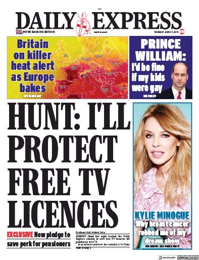 Daily Express Newspaper Front Page (UK) for 27 June 2019