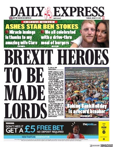 Daily Express Newspaper Front Page (UK) for 27 August 2019