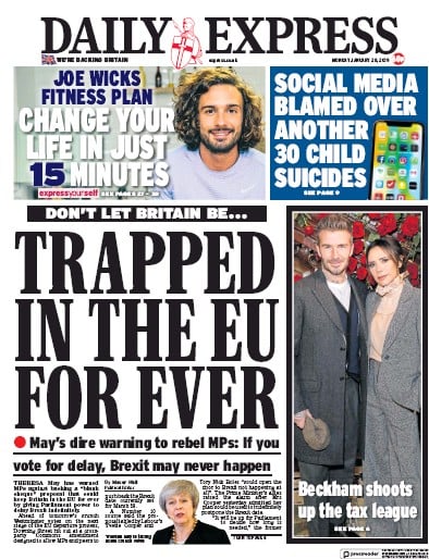 Daily Express Newspaper Front Page (UK) for 28 January 2019
