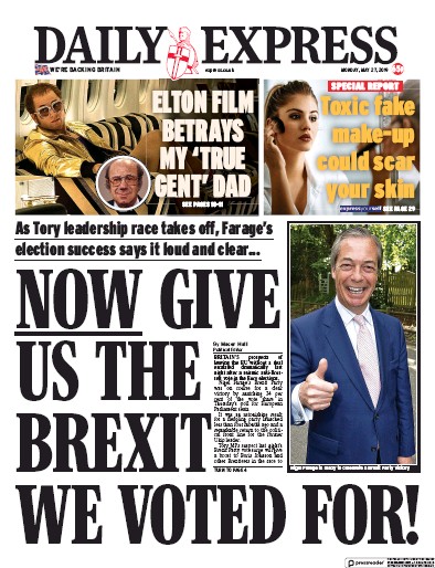 Daily Express Newspaper Front Page (UK) for 28 May 2019