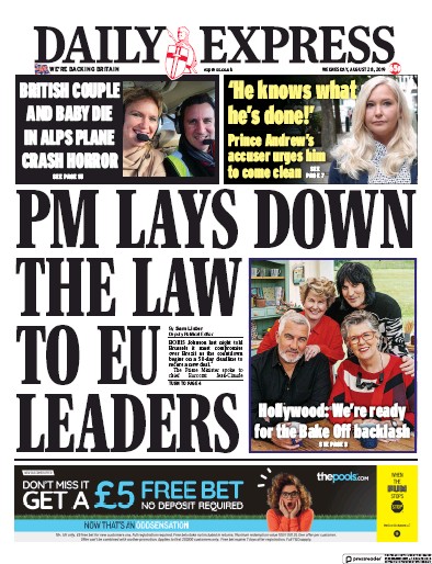Daily Express Newspaper Front Page (UK) for 28 August 2019
