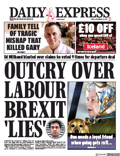 Daily Express Newspaper Front Page (UK) for 29 November 2019