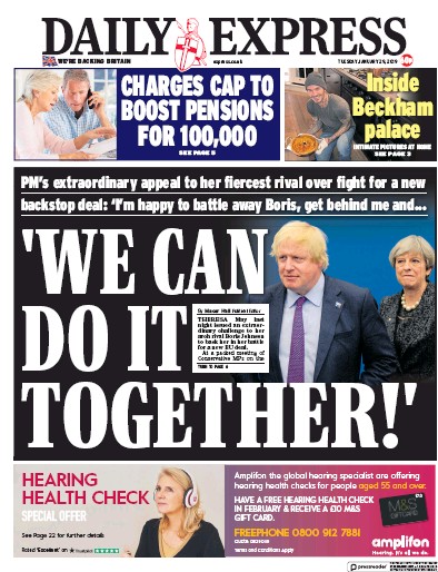 Daily Express Newspaper Front Page (UK) for 29 January 2019