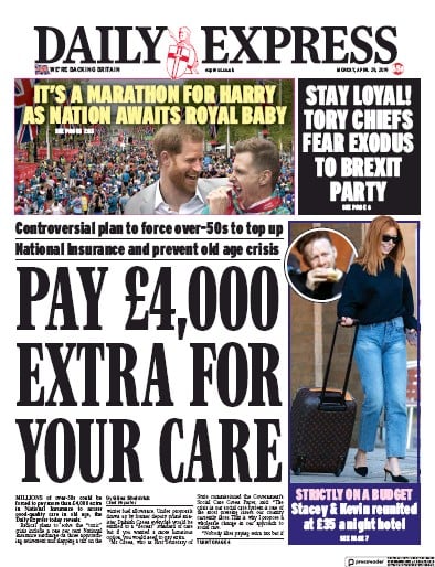 Daily Express Newspaper Front Page (UK) for 29 April 2019