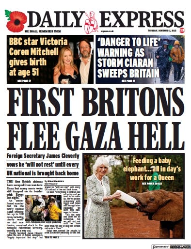 Daily Express Newspaper Front Page (UK) for 2 November 2023
