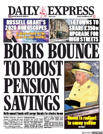 Daily Express Newspaper Front Page (UK) for 30 December 2019