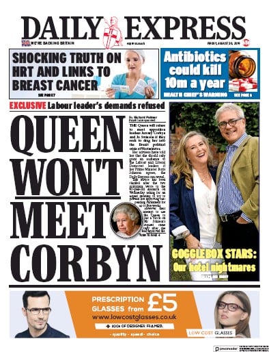 Daily Express Newspaper Front Page (UK) for 30 August 2019