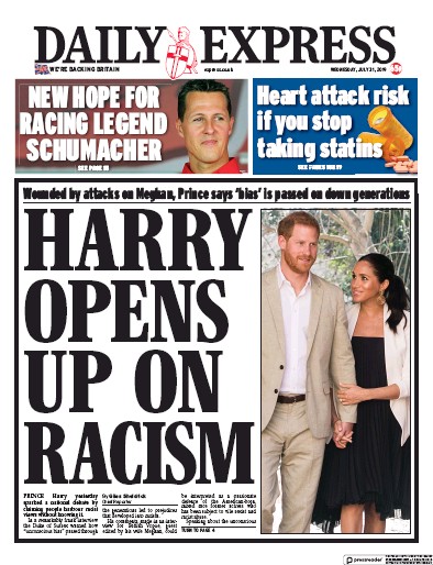 Daily Express Newspaper Front Page (UK) for 31 July 2019
