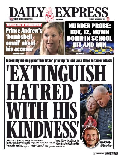 Daily Express Newspaper Front Page (UK) for 3 December 2019