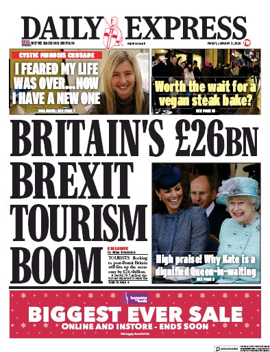 Daily Express Newspaper Front Page (UK) for 3 January 2020