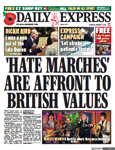 Daily Express Newspaper Front Page (UK) for 4 November 2023