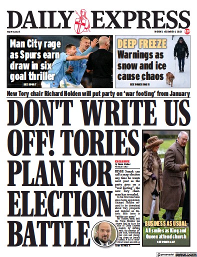 Daily Express Newspaper Front Page (UK) for 4 December 2023