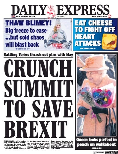 Daily Express Newspaper Front Page (UK) for 4 February 2019