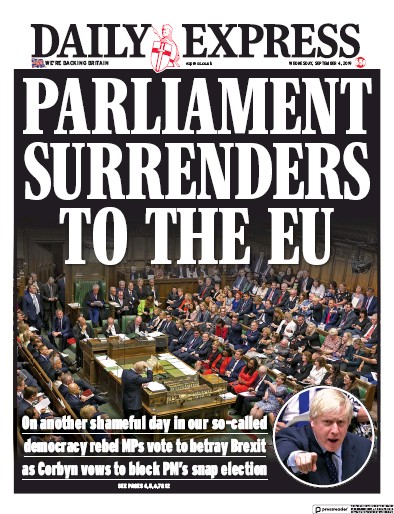 Daily Express Newspaper Front Page (UK) for 4 September 2019