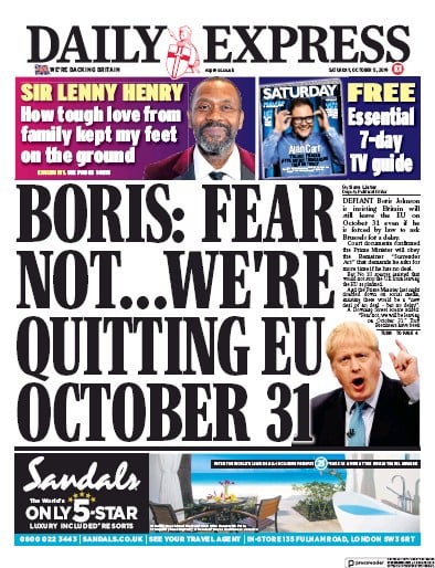 Daily Express Newspaper Front Page (UK) for 5 October 2019