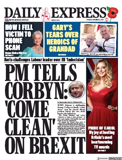 Daily Express Newspaper Front Page (UK) for 5 November 2019