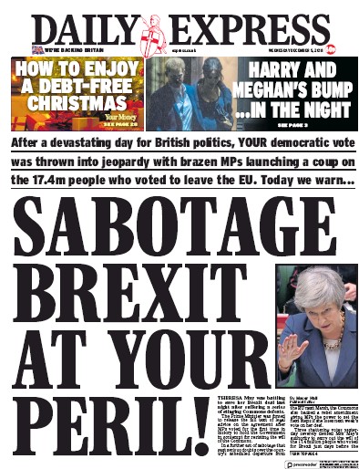 Daily Express Newspaper Front Page (UK) for 5 December 2018