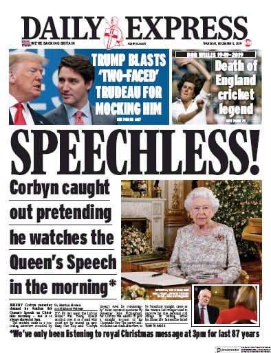 Daily Express Newspaper Front Page (UK) for 5 December 2019