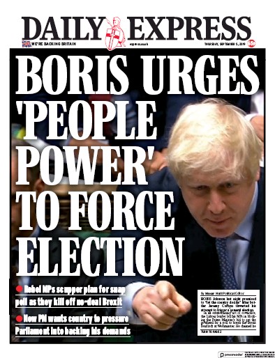 Daily Express Newspaper Front Page (UK) for 5 September 2019