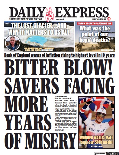 Daily Express Newspaper Front Page (UK) for 6 August 2021