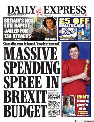 Daily Express Newspaper Front Page (UK) for 7 January 2020