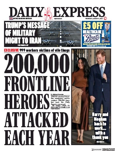 Daily Express Newspaper Front Page (UK) for 8 January 2020