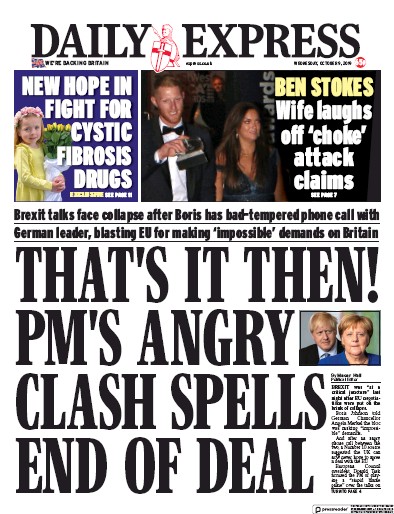 Daily Express Newspaper Front Page (UK) for 9 October 2019