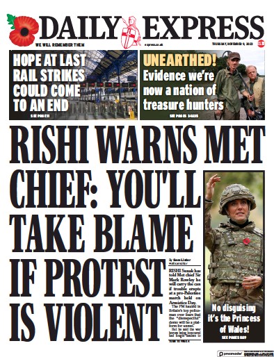 Daily Express Newspaper Front Page (UK) for 9 November 2023