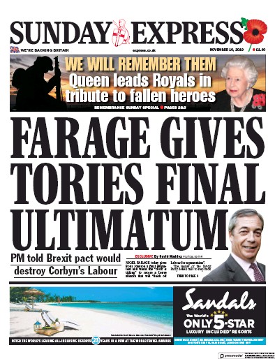Daily Express Sunday Newspaper Front Page (UK) for 10 November 2019