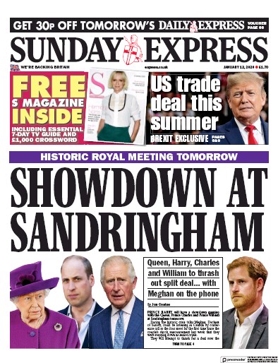 Daily Express Sunday Newspaper Front Page (UK) for 12 January 2020