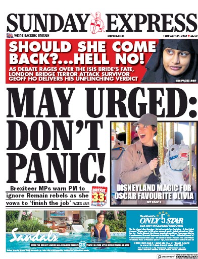 Daily Express Sunday Newspaper Front Page (UK) for 24 February 2019