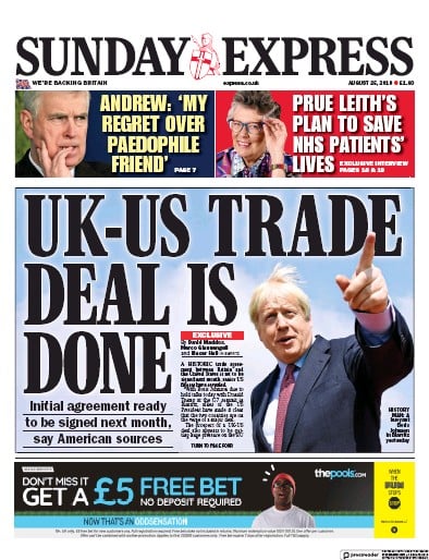 Daily Express Sunday Newspaper Front Page (UK) for 25 August 2019