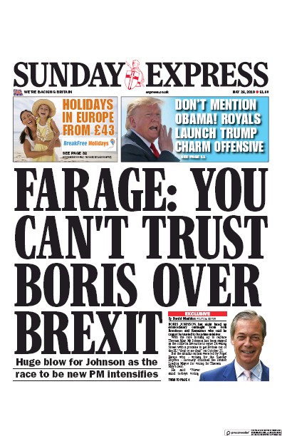 Daily Express Sunday Newspaper Front Page (UK) for 26 May 2019