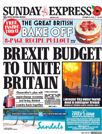Daily Express Sunday Newspaper Front Page (UK) for 28 October 2018
