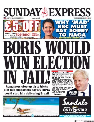 Daily Express Sunday Newspaper Front Page (UK) for 29 September 2019