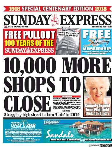 Daily Express Sunday Newspaper Front Page (UK) for 30 December 2018