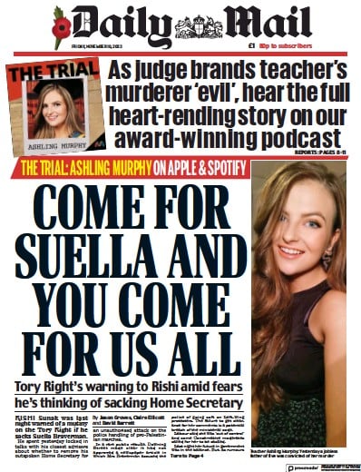 Daily Mail Newspaper Front Page (UK) for 10 November 2023