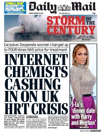 Daily Mail Newspaper Front Page (UK) for 10 February 2020