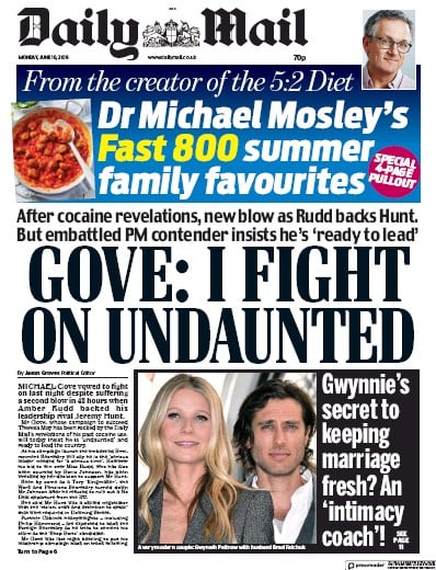 Daily Mail Newspaper Front Page (UK) for 10 June 2019
