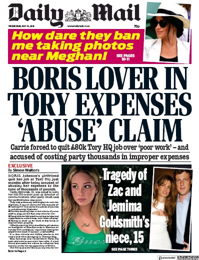 Daily Mail Newspaper Front Page (UK) for 10 July 2019