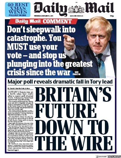 Daily Mail Newspaper Front Page (UK) for 11 December 2019