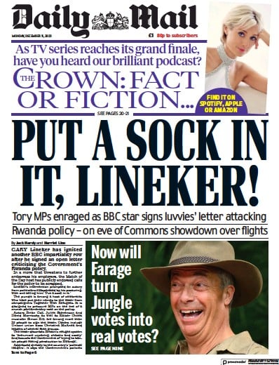 Daily Mail Newspaper Front Page (UK) for 11 December 2023