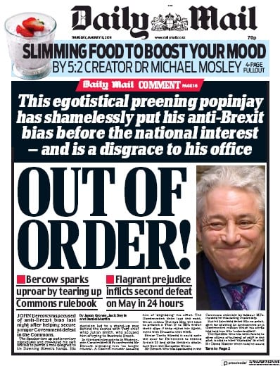 Daily Mail Newspaper Front Page (UK) for 11 January 2019