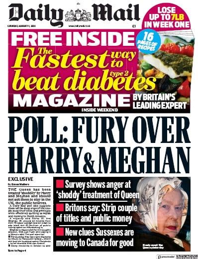Daily Mail Newspaper Front Page (UK) for 11 January 2020