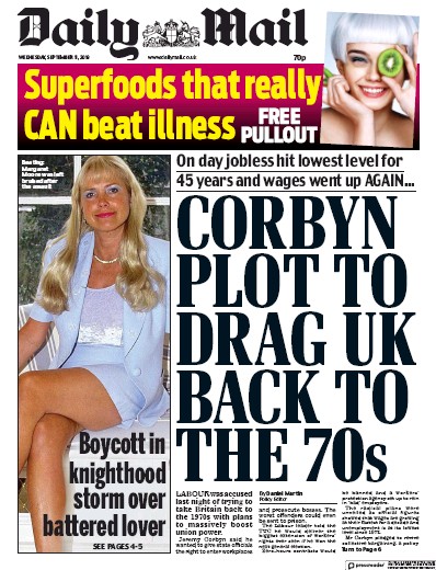 Daily Mail Newspaper Front Page (UK) for 11 September 2019