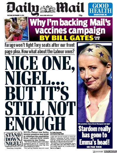 Daily Mail Newspaper Front Page (UK) for 12 November 2019