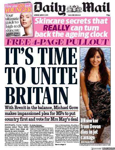 Daily Mail Newspaper Front Page (UK) for 12 March 2019